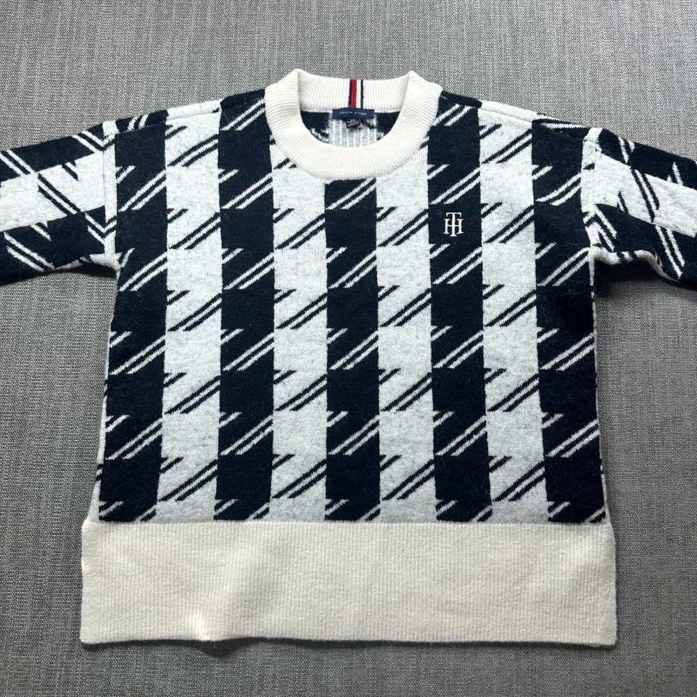 Tommy Hilfiger Sweater Womens XXS Black White Geometric Knit Crewneck
